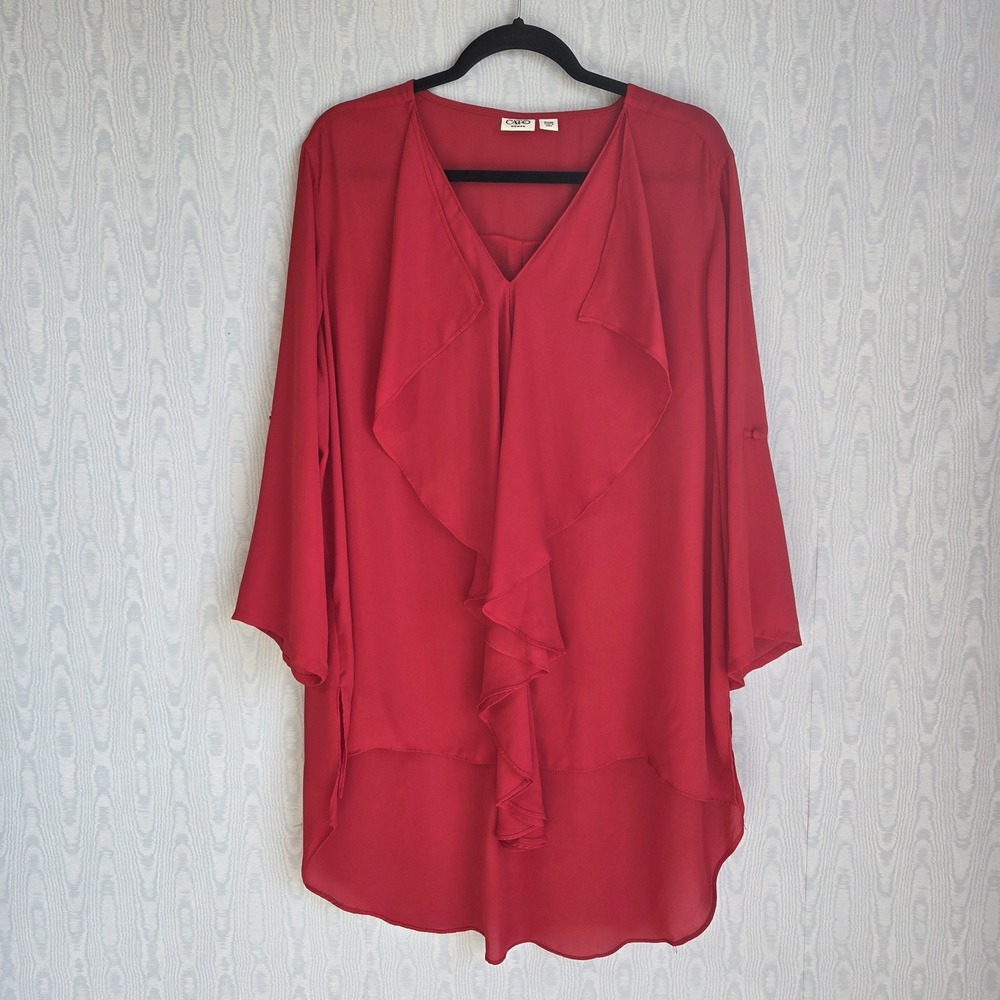 Cato Womens Tunic Top 18W 20W Red Chiffon Ruffle Sheer Holiday Party Career‎
